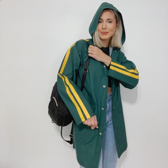 Striped Green Heavy Button Down Hooded Raincoat